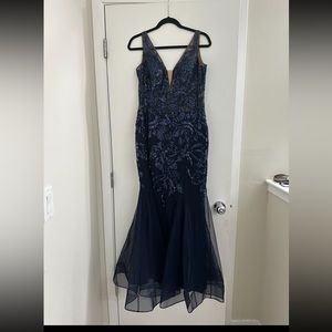 Beautiful Xscape navy blue embellished mesh gown!